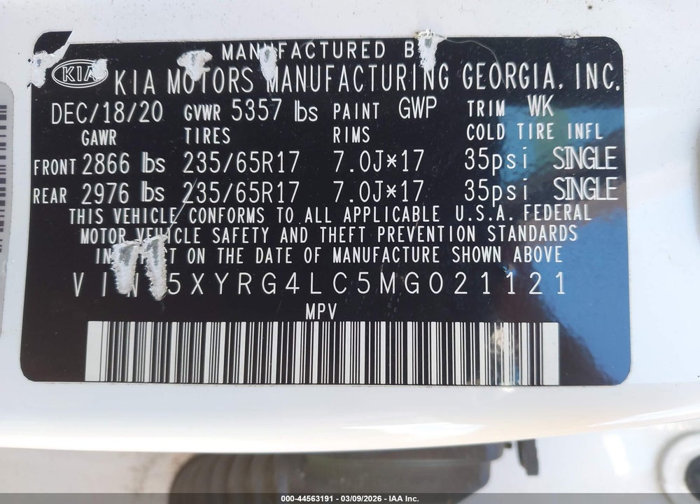 2021 KIA SORENTO LX VIN: 5XYRG4LC5MG021121