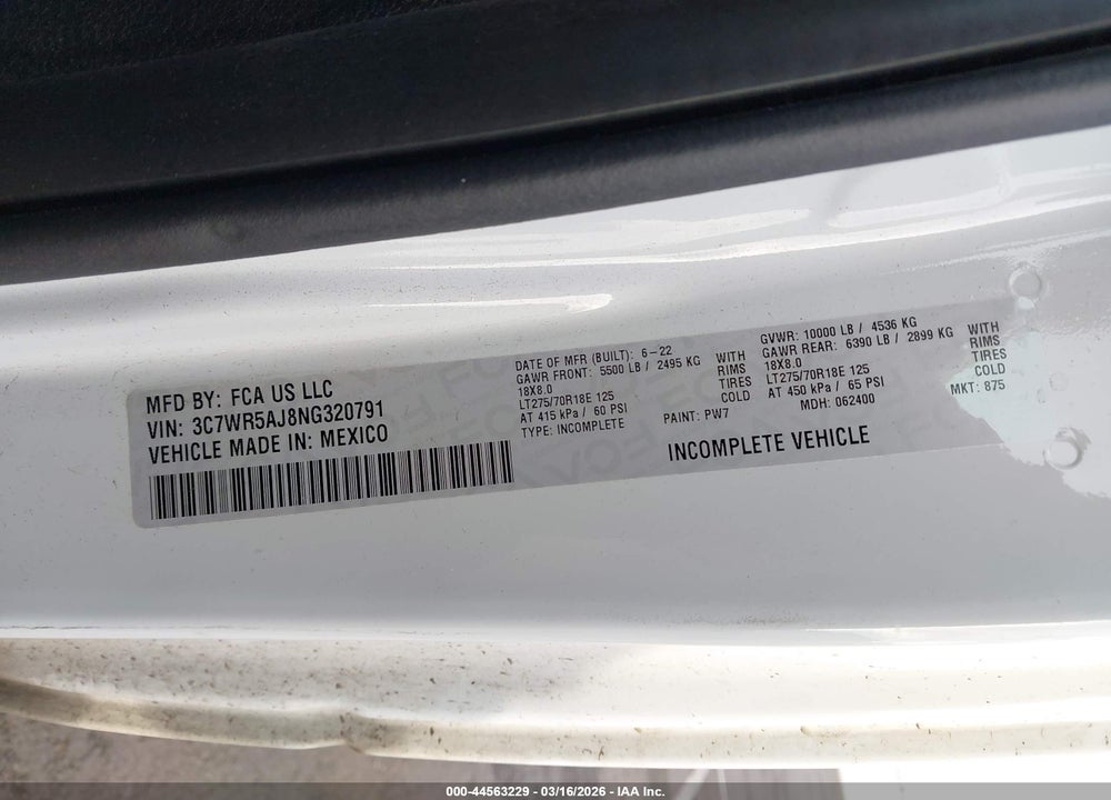2022 RAM 2500 TRADESMAN  4X4 8' BOX VIN: 3C7WR5AJ8NG320791