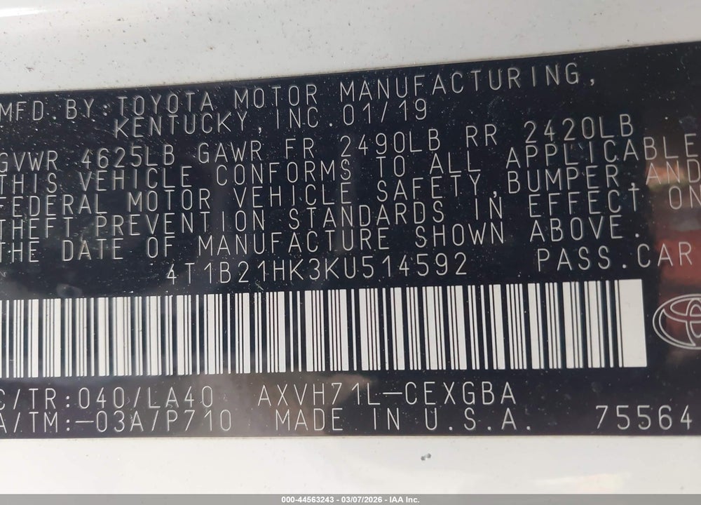 2019 TOYOTA CAMRY HYBRID XLE VIN: 4T1B21HK3KU514592