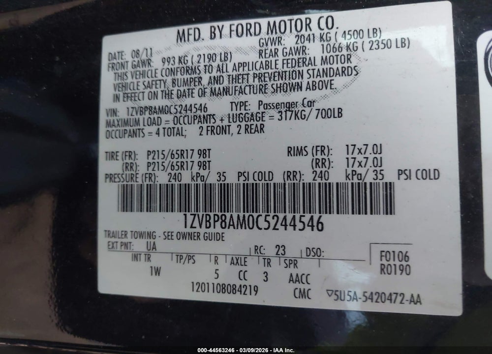 2012 FORD MUSTANG V6 VIN: 1ZVBP8AM0C5244546