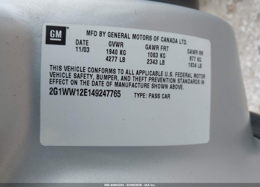 2004 CHEVROLET MONTE CARLO LS VIN: 2G1WW12E149247765