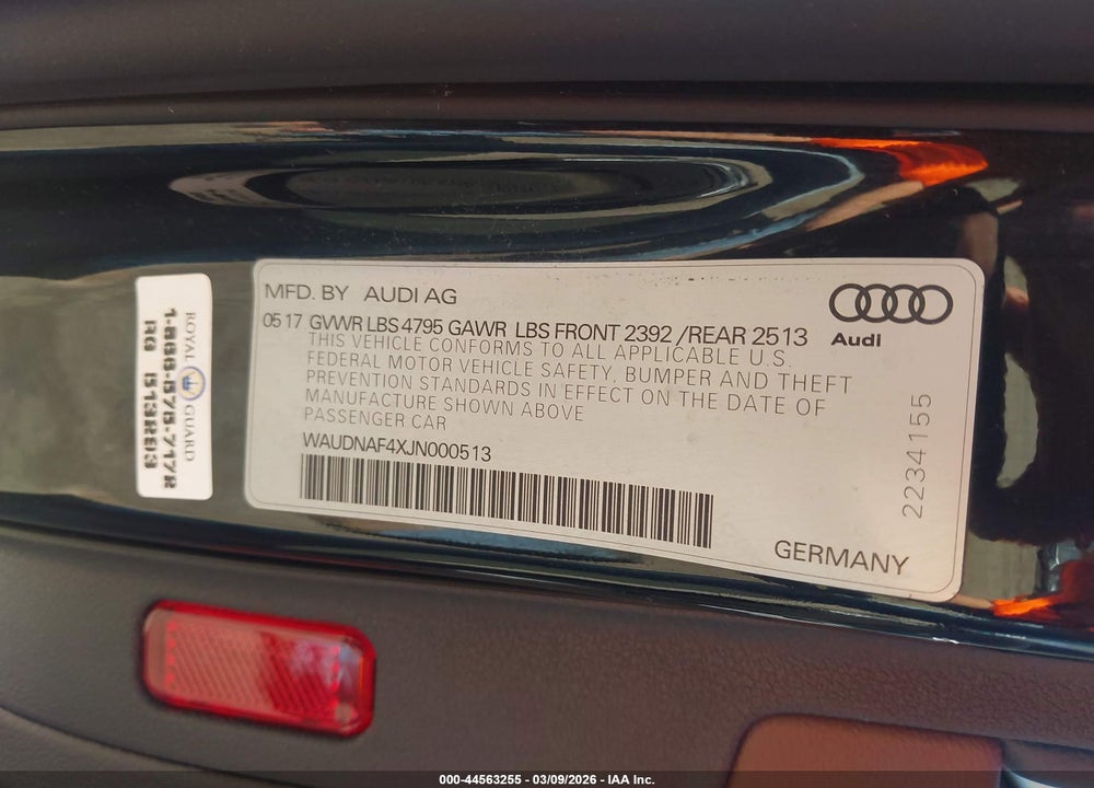 2018 AUDI A4 2.0T PREMIUM/2.0T TECH PREMIUM VIN: WAUDNAF4XJN000513