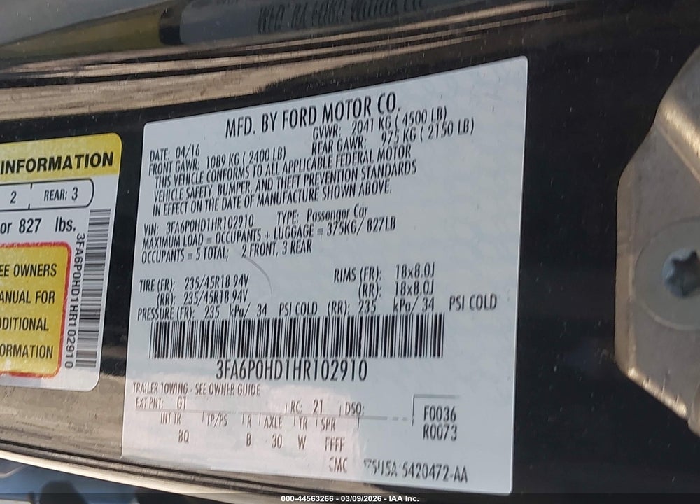 2017 FORD FUSION SE VIN: 3FA6P0HD1HR102910