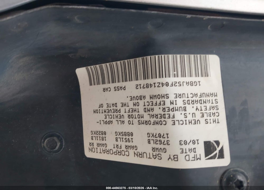 2004 SATURN ION 2 VIN: 1G8AJ52F04Z148712