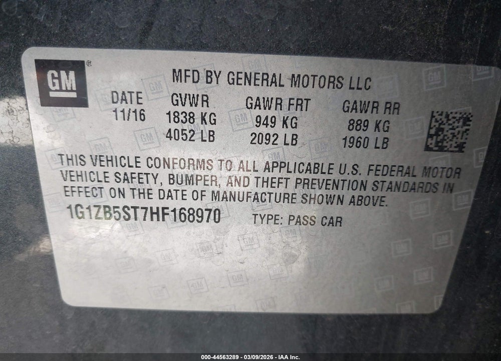 2017 CHEVROLET MALIBU LS VIN: 1G1ZB5ST7HF168970
