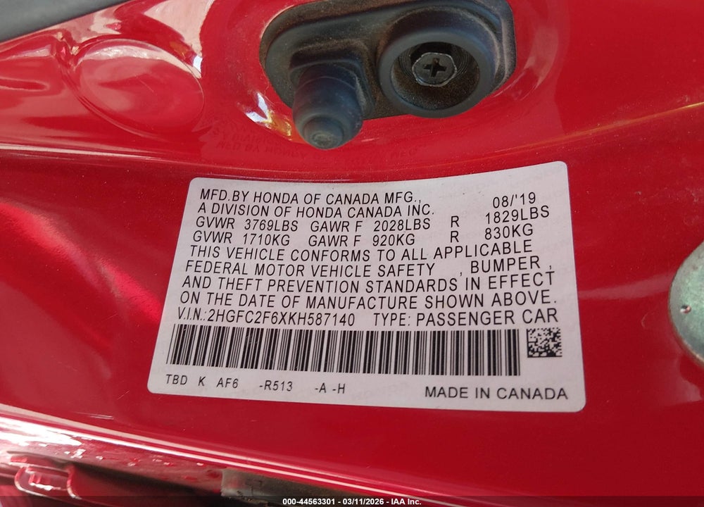 2019 HONDA CIVIC LX VIN: 2HGFC2F6XKH587140