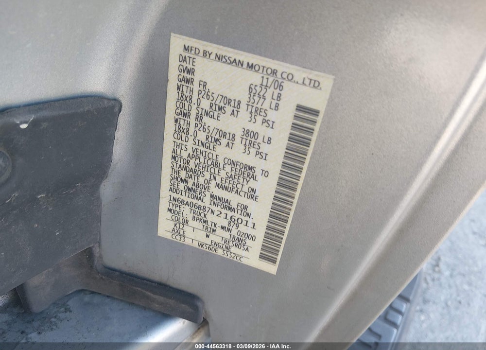 2007 NISSAN TITAN SE VIN: 1N6BA06B87N216011