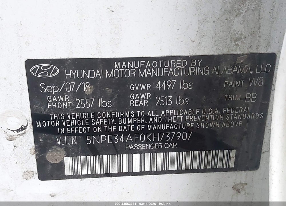 2019 HYUNDAI SONATA SEL VIN: 5NPE34AF0KH737907