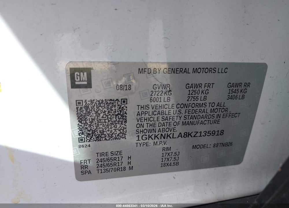 2019 GMC ACADIA SLE-1 VIN: 1GKKNKLA8KZ135918