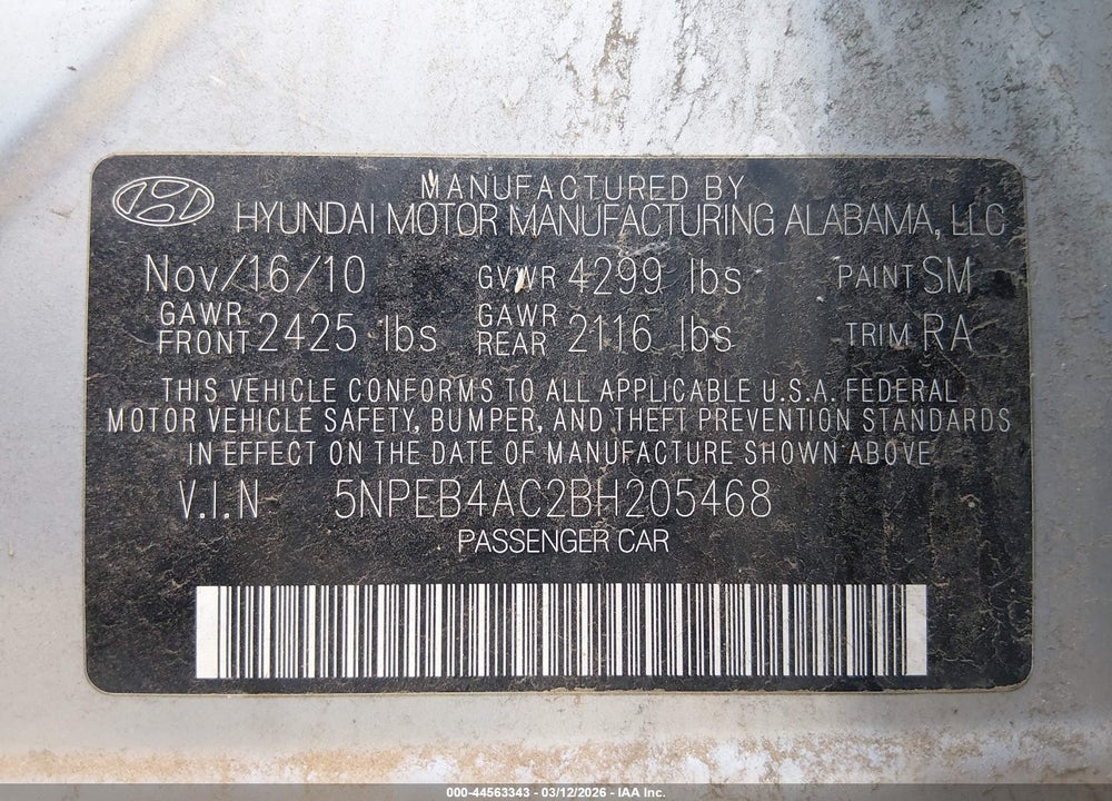 2011 HYUNDAI SONATA GLS VIN: 5NPEB4AC2BH205468