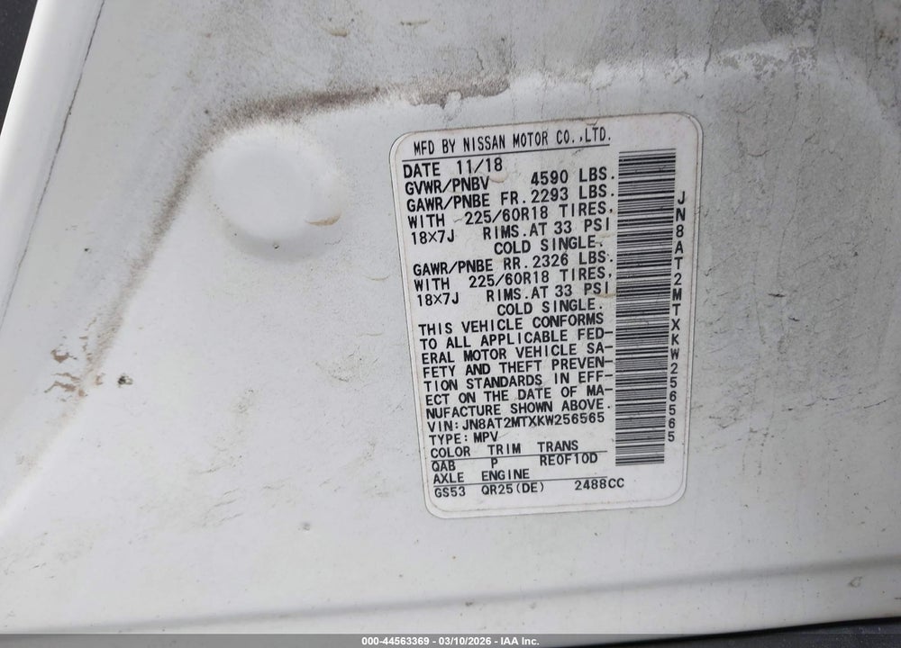 2019 NISSAN ROGUE SV VIN: JN8AT2MTXKW256565