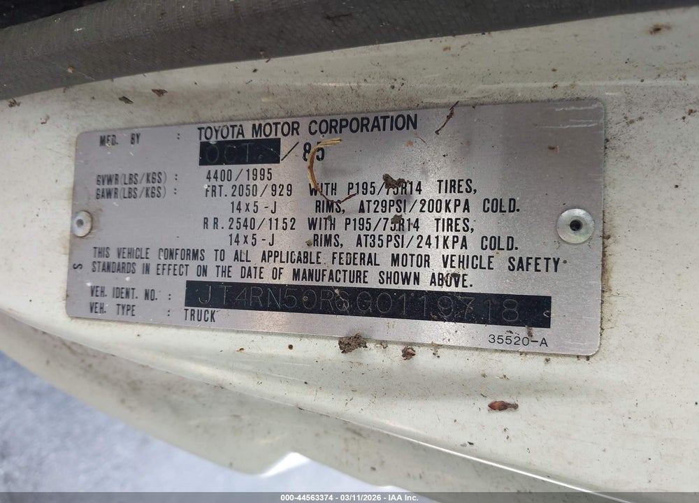 1986 TOYOTA PICKUP 1/2 TON RN50 VIN: JT4RN50R6G0119718