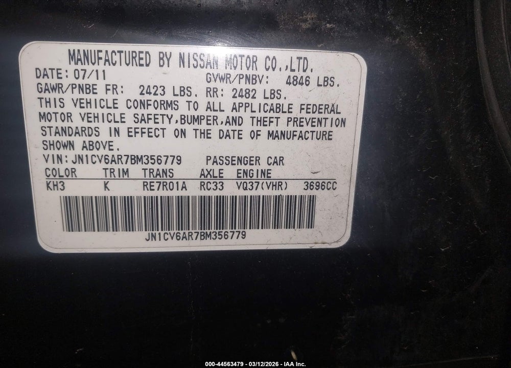 2011 INFINITI G37X VIN: JN1CV6AR7BM356779