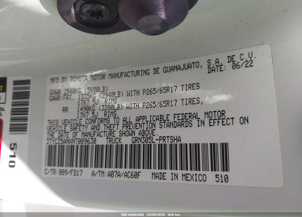2022 TOYOTA TACOMA TRD SPORT VIN: 3TYCZ5ANXNT089630