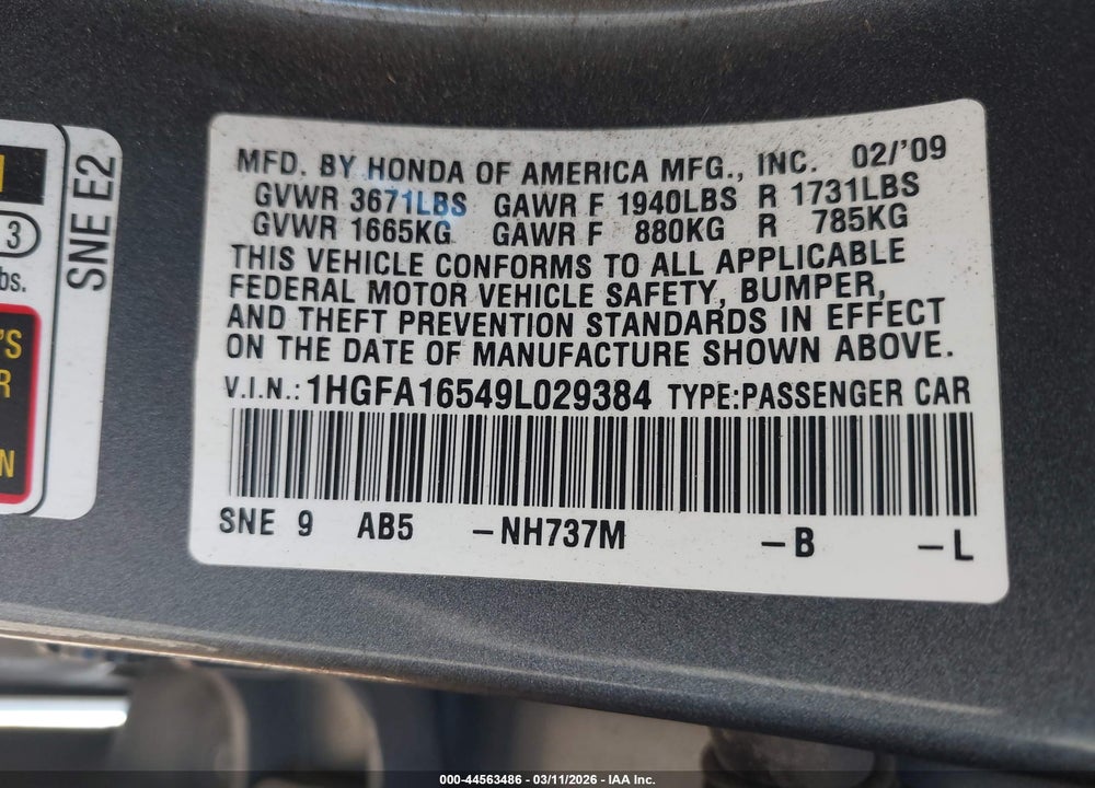 2009 HONDA CIVIC LX VIN: 1HGFA16549L029384