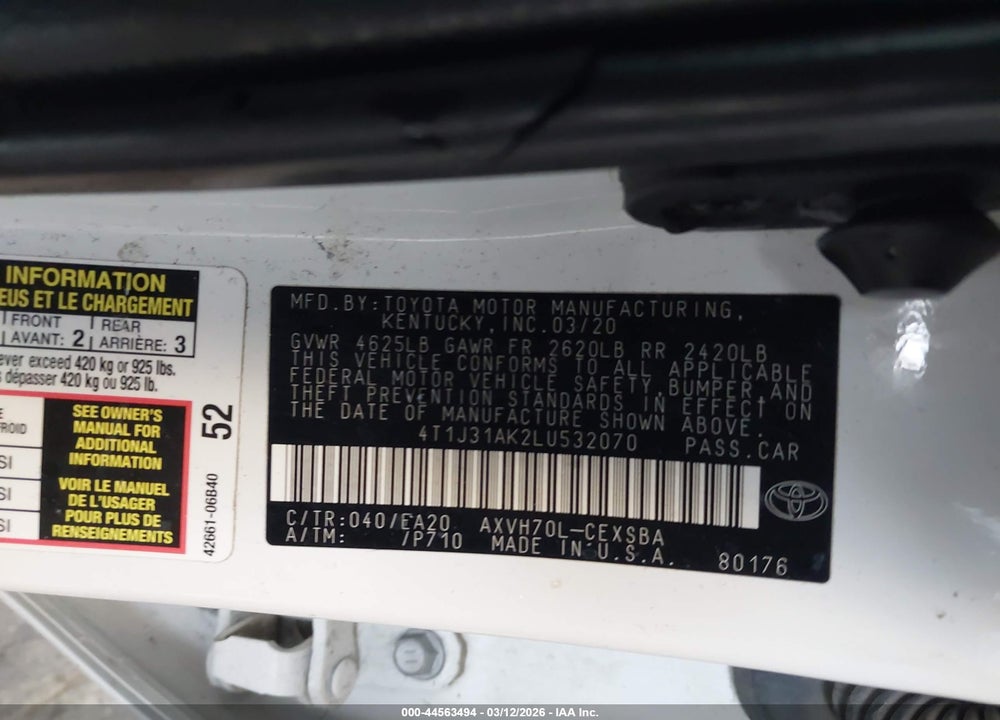 2020 TOYOTA CAMRY SE HYBRID VIN: 4T1J31AK2LU532070
