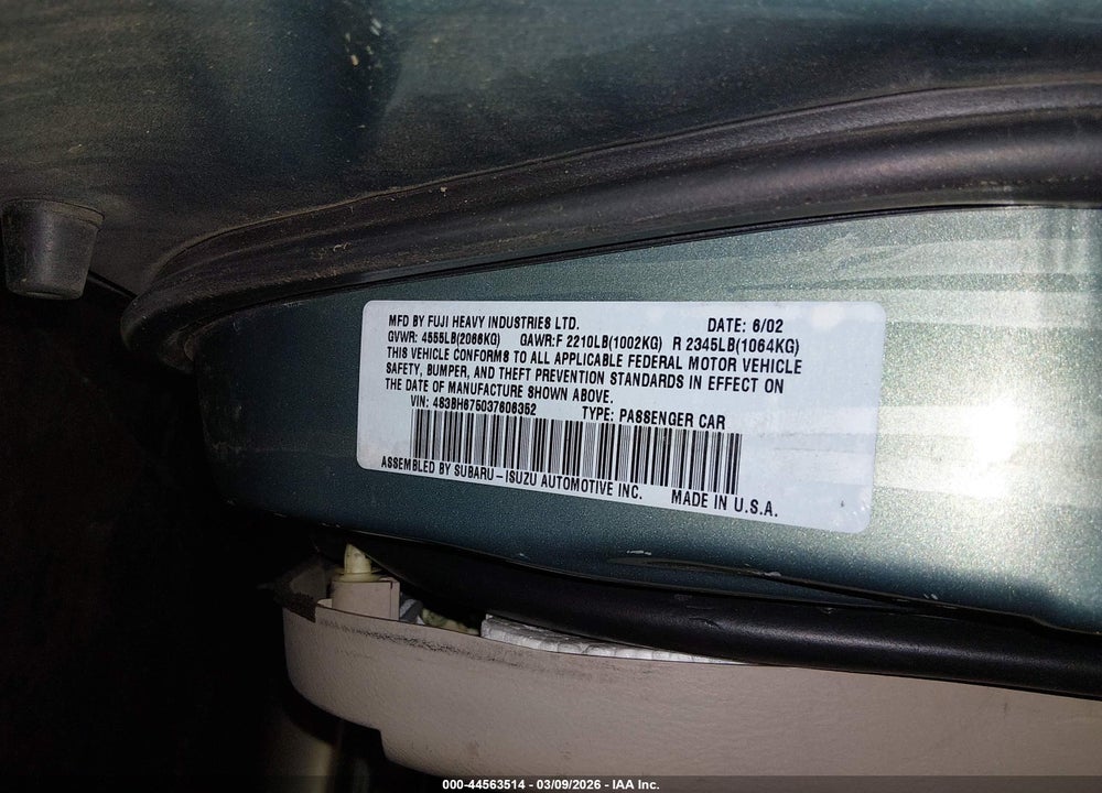 2003 SUBARU OUTBACK VIN: 4S3BH675037606352