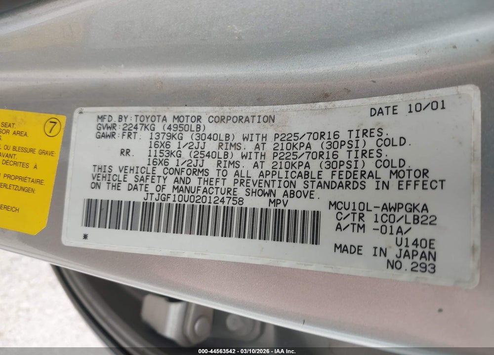 2002 LEXUS RX 300 VIN: JTJGF10U020124758