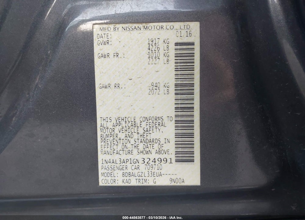 2016 NISSAN ALTIMA 2.5/2.5 S/2.5 SL/2.5 SR/2.5 SV VIN: 1N4AL3AP1GN324991