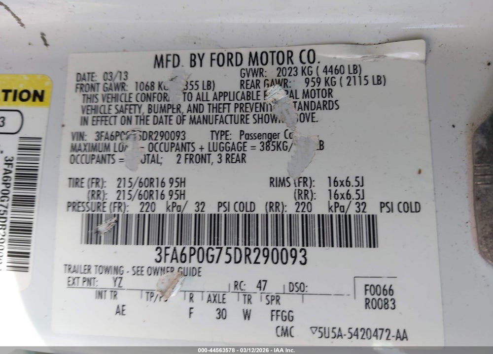 2013 FORD FUSION S VIN: 3FA6P0G75DR290093