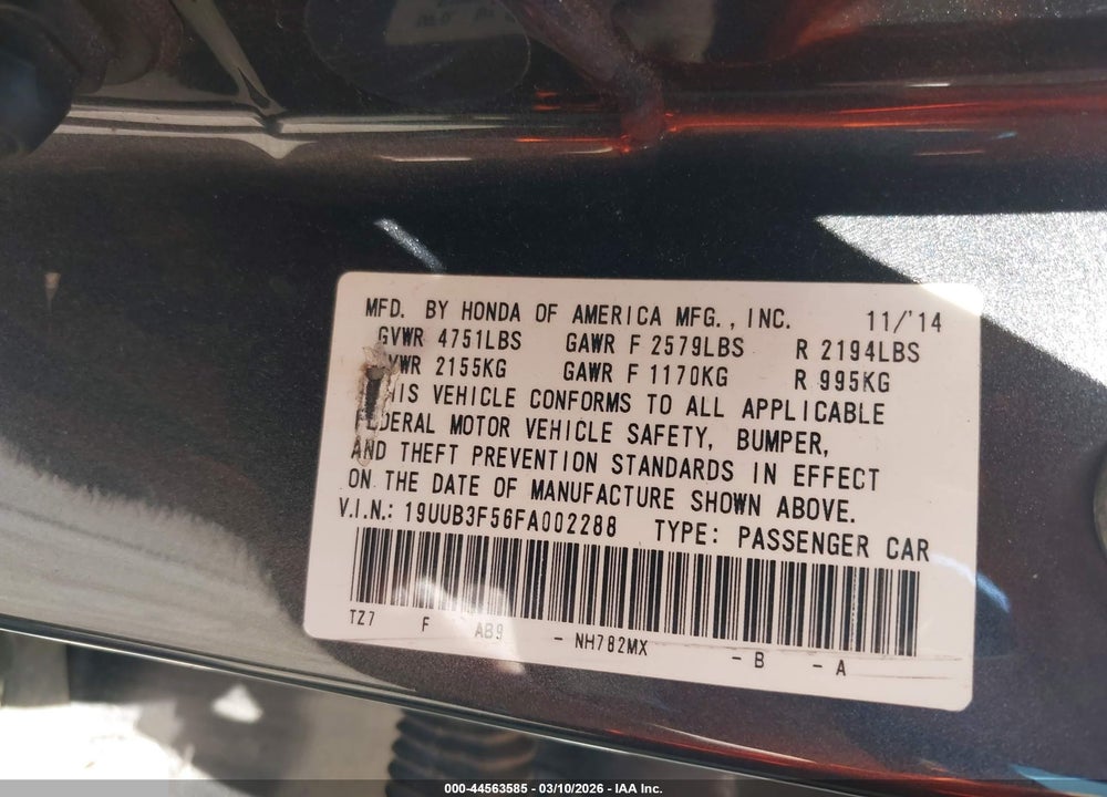 2015 ACURA TLX V6 TECH VIN: 19UUB3F56FA002288
