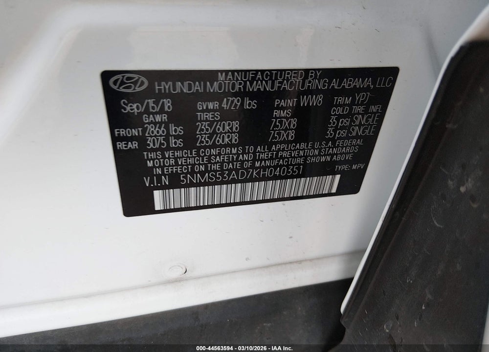 2019 HYUNDAI SANTA FE ULTIMATE VIN: 5NMS53AD7KH040351