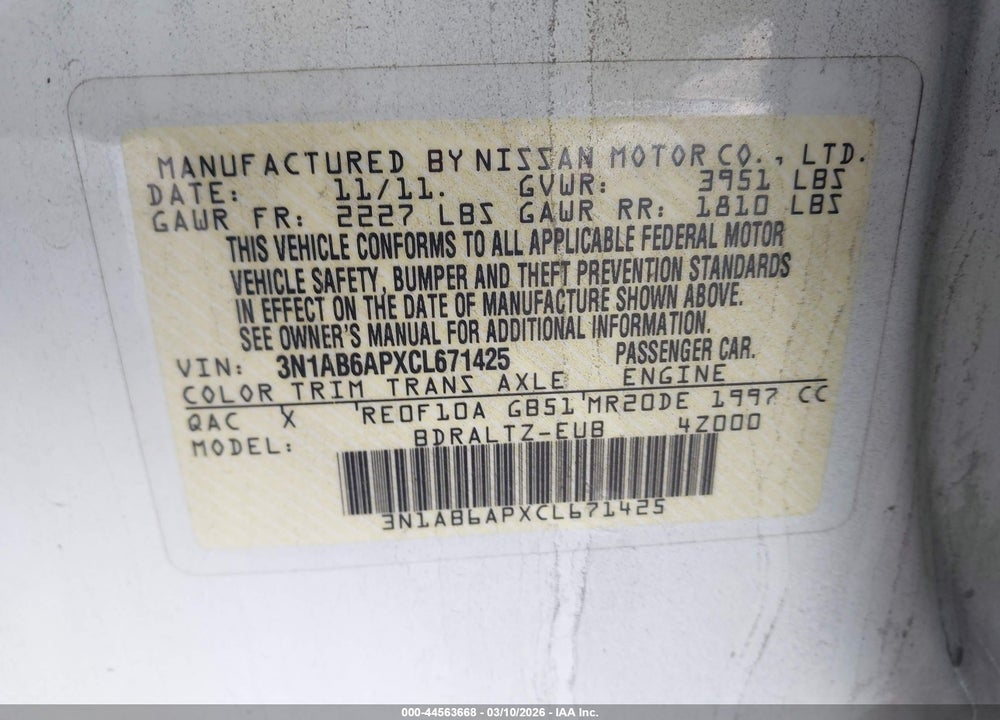 2012 NISSAN SENTRA 2.0 S VIN: 3N1AB6APXCL671425