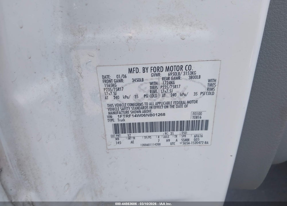 2006 FORD F-150 STX/XL/XLT VIN: 1FTRF14W06NB01268