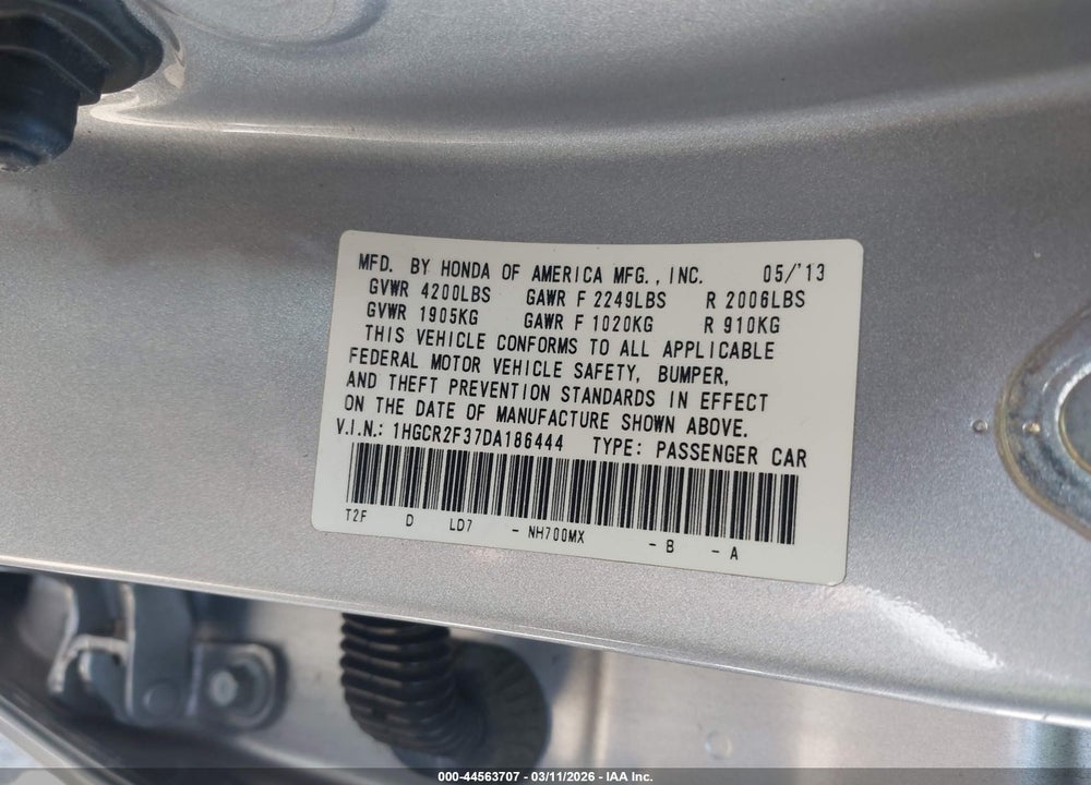 2013 HONDA ACCORD LX VIN: 1HGCR2F37DA186444