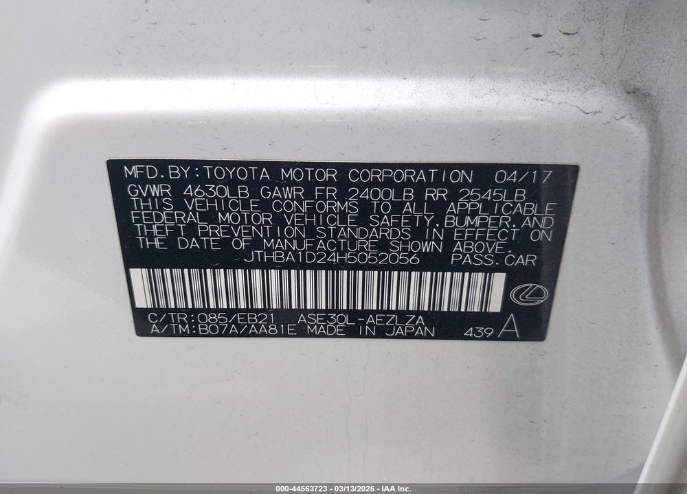 2017 LEXUS IS 200T VIN: JTHBA1D24H5052056