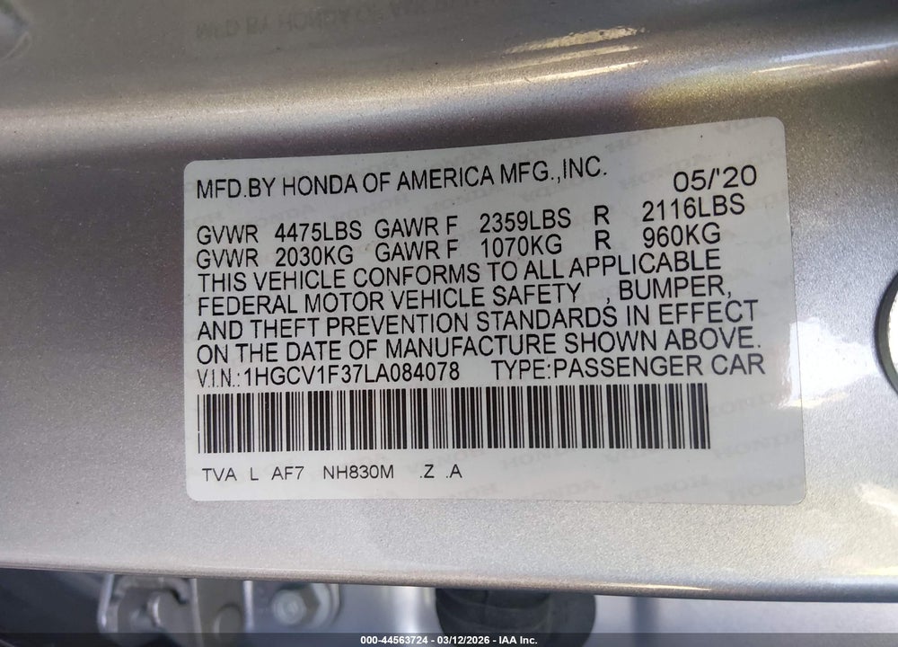2020 HONDA ACCORD SPORT VIN: 1HGCV1F37LA084078
