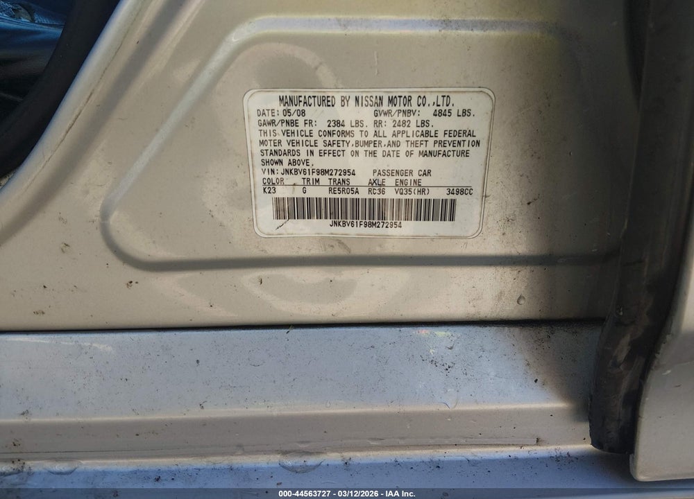 2008 INFINITI G35X VIN: JNKBV61F98M272954