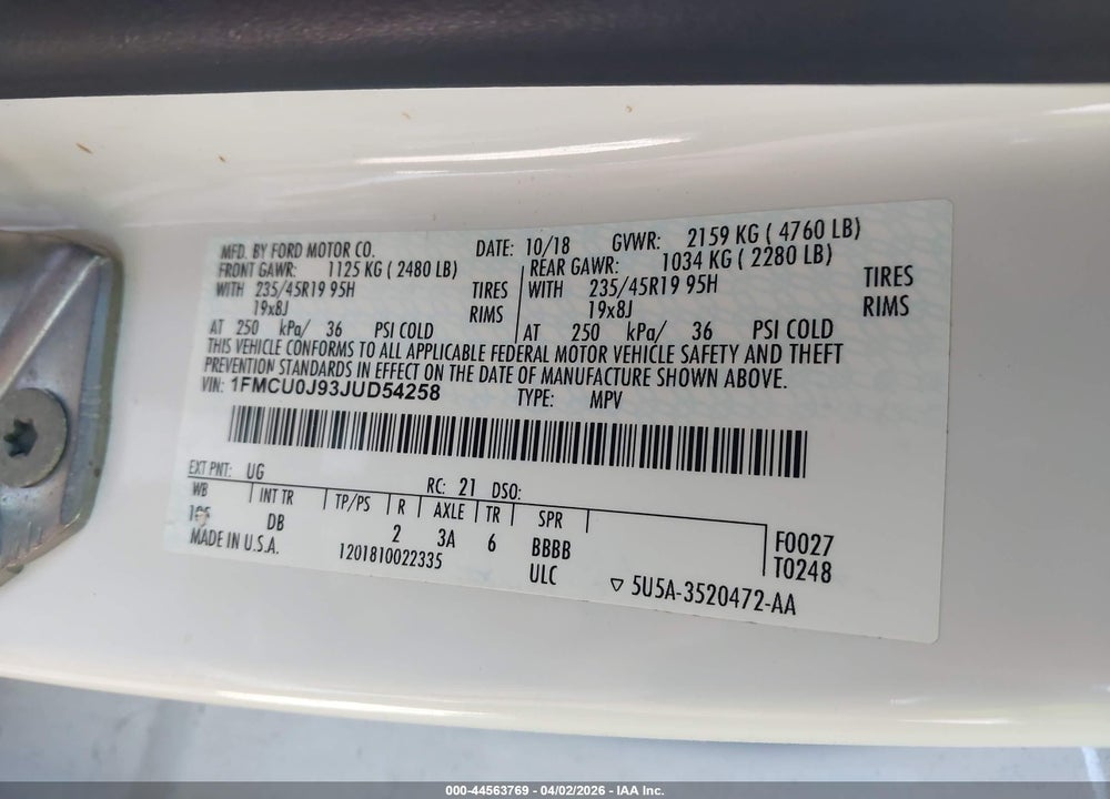 2018 FORD ESCAPE TITANIUM VIN: 1FMCU0J93JUD54258