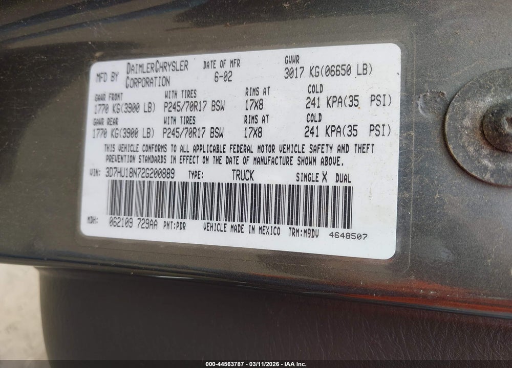2002 DODGE RAM 1500 ST VIN: 3D7HU18N72G200889
