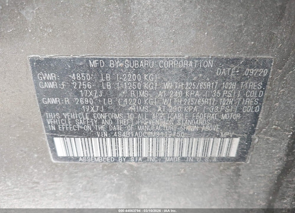 2021 SUBARU OUTBACK PREMIUM VIN: 4S4BTADC6M3112750