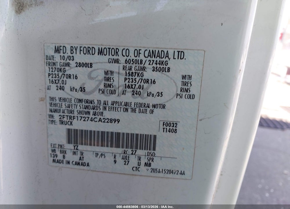 2004 FORD F-150 HERITAGE XL/XLT VIN: 2FTRF17274CA22899