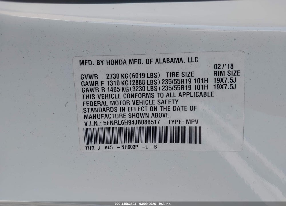 2018 HONDA ODYSSEY ELITE VIN: 5FNRL6H94JB086517