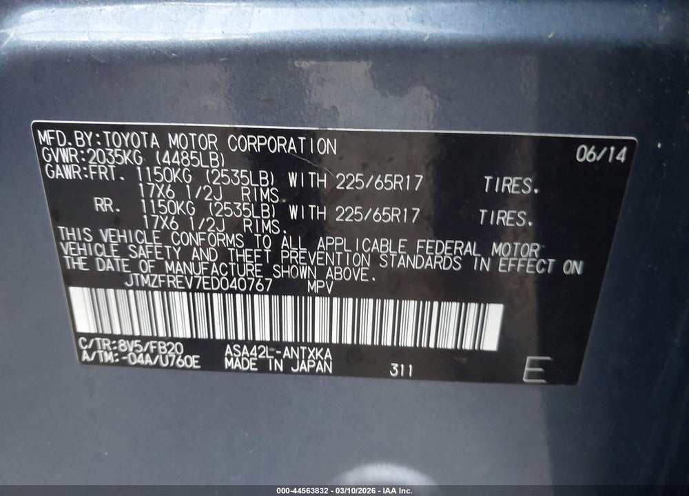 2014 TOYOTA RAV4 LE VIN: JTMZFREV7ED040767
