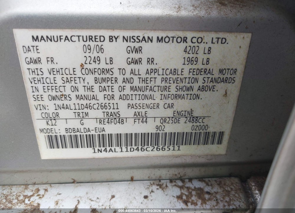 2006 NISSAN ALTIMA 2.5 S VIN: 1N4AL11D46C266511