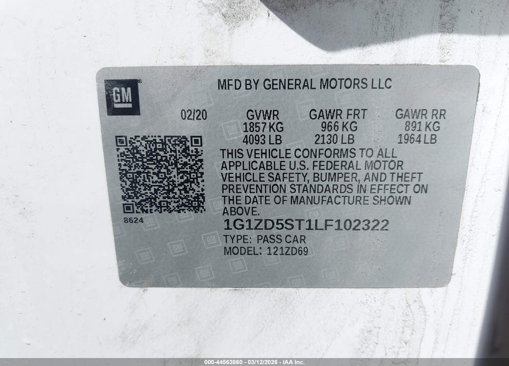 2020 CHEVROLET MALIBU FWD LT VIN: 1G1ZD5ST1LF102322