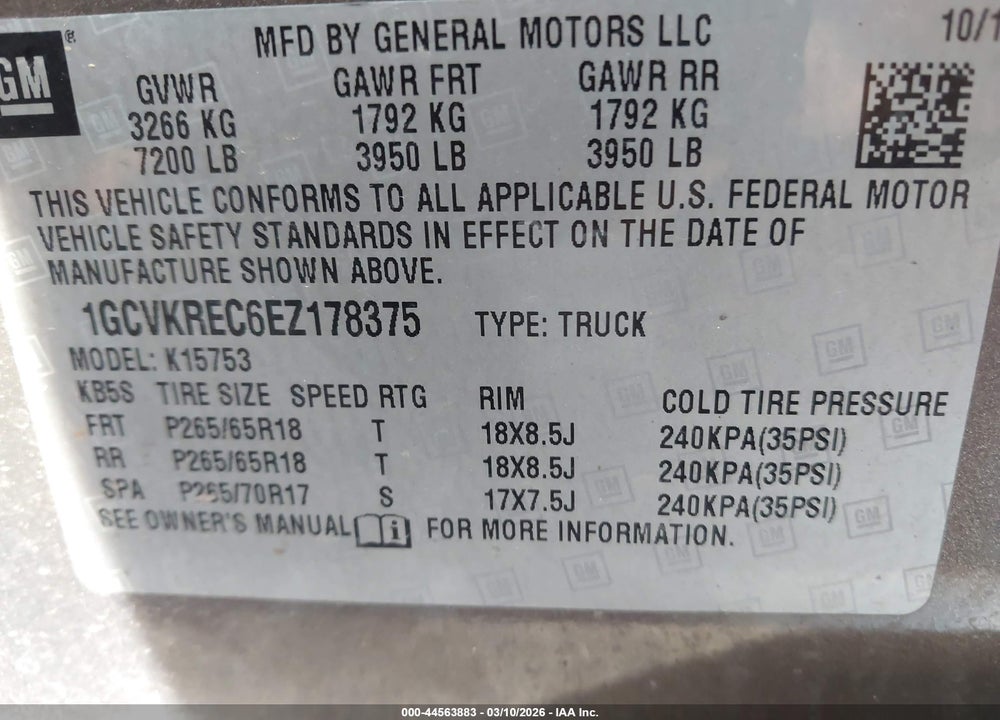 2014 CHEVROLET SILVERADO 1500 2LT VIN: 1GCVKREC6EZ178375