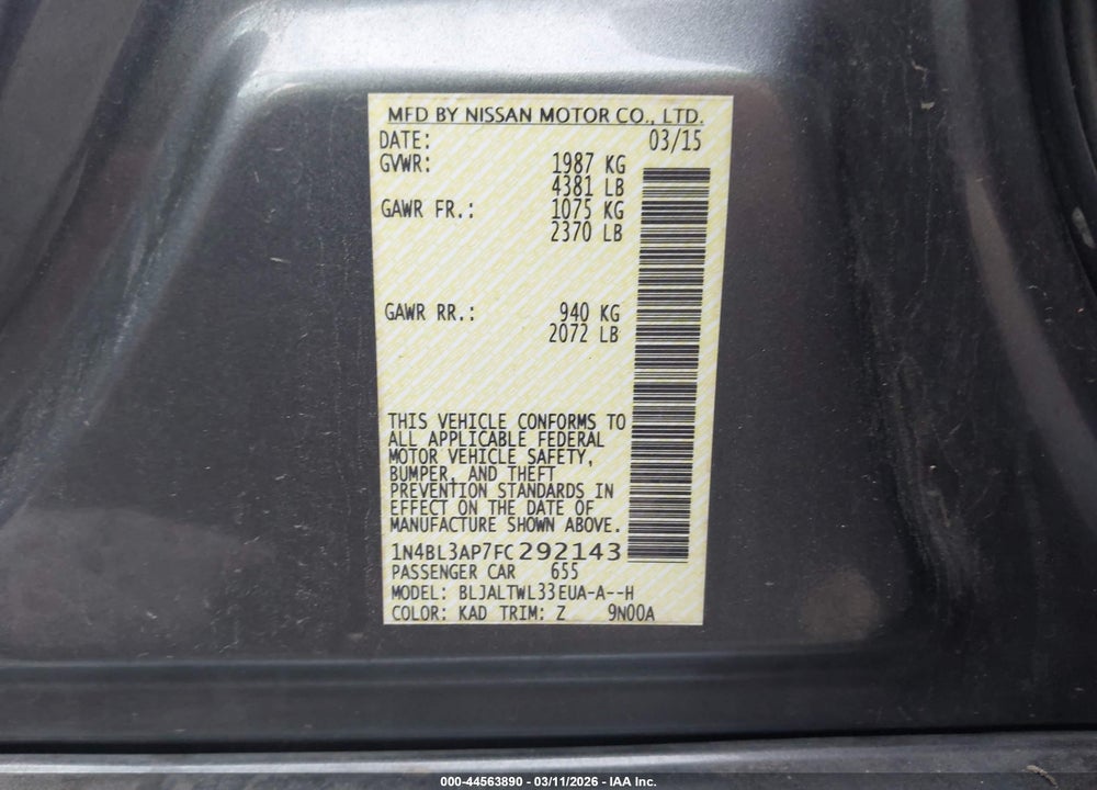2015 NISSAN ALTIMA 3.5 SL VIN: 1N4BL3AP7FC292143