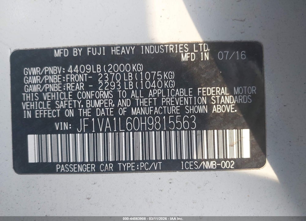 2017 SUBARU WRX LIMITED VIN: JF1VA1L60H9815563