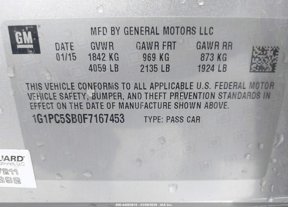 2015 CHEVROLET CRUZE 1LT AUTO VIN: 1G1PC5SB0F7167453