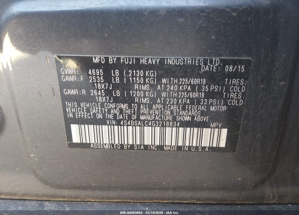 2016 SUBARU OUTBACK 2.5I LIMITED VIN: 4S4BSALC4G3218834