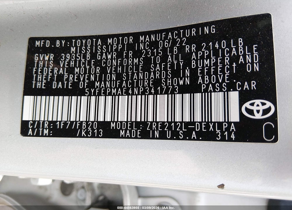 2022 TOYOTA COROLLA LE VIN: 5YFEPMAE4NP341773
