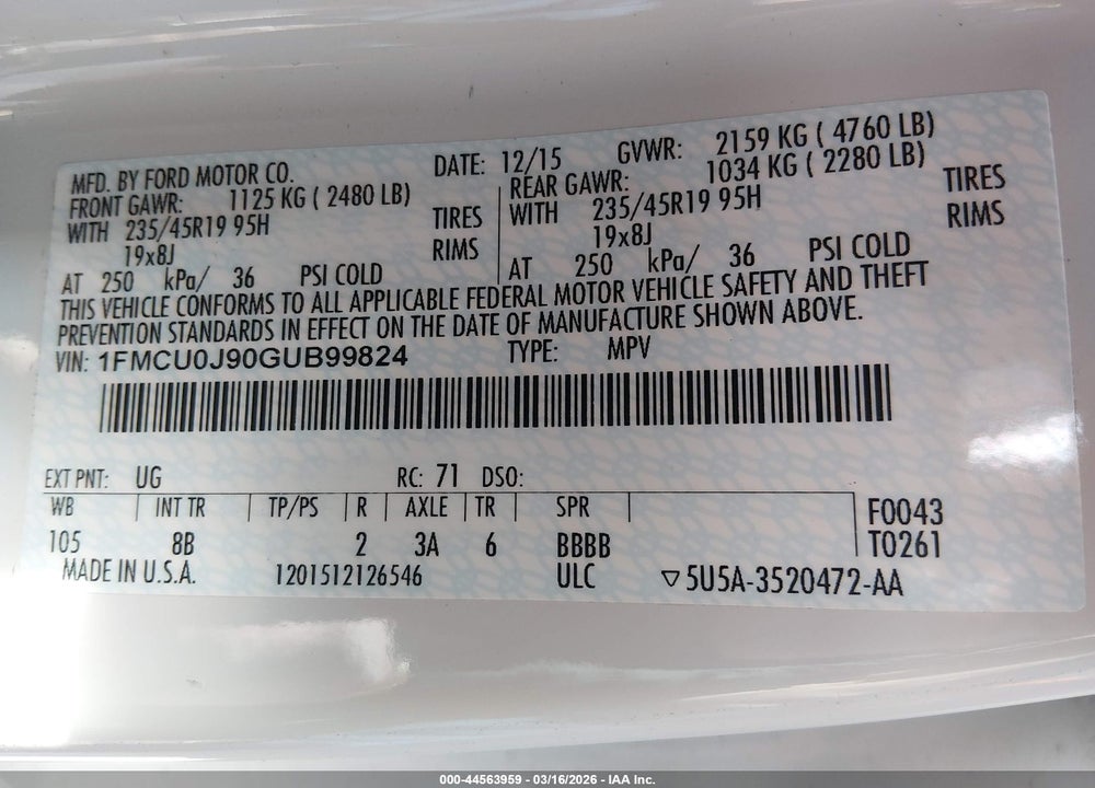 2016 FORD ESCAPE TITANIUM VIN: 1FMCU0J90GUB99824