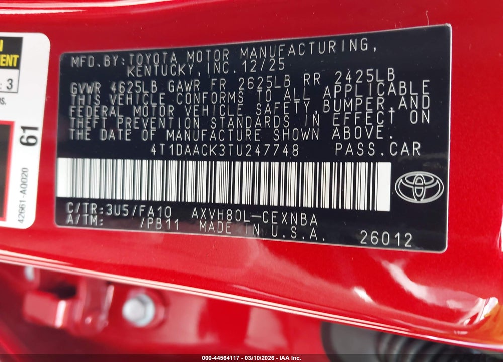 2026 TOYOTA CAMRY LE VIN: 4T1DAACK3TU247748