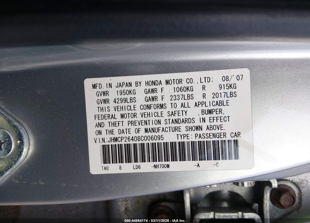 2008 HONDA ACCORD 2.4 LX-P VIN: JHMCP26408C006095
