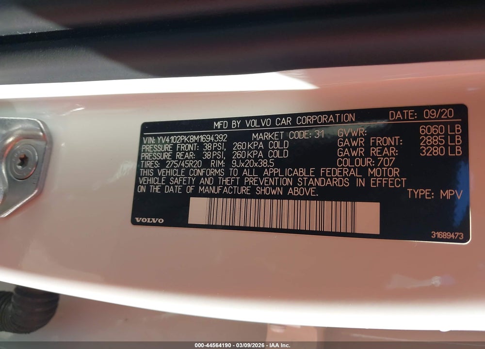 2021 VOLVO XC90 T5 MOMENTUM 7 PASSENGER VIN: YV4102PK8M1694392
